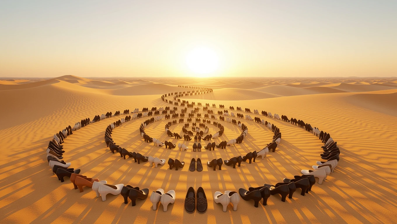 Eine spiralförmige Anordnung von Schuhen in einer Wüstenlandschaft bei Sonnenuntergang.