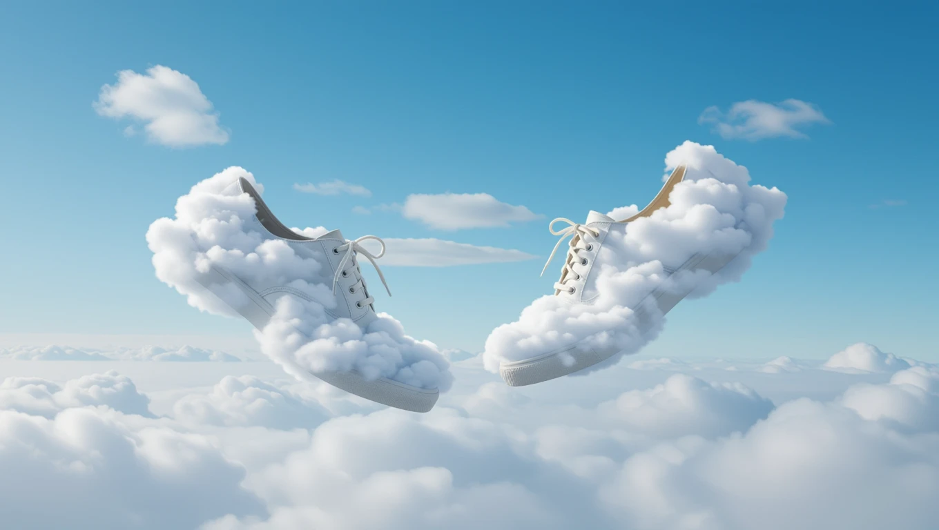 Zwei weiße Schuhe, die aus Wolken in einem blauen Himmel schweben.