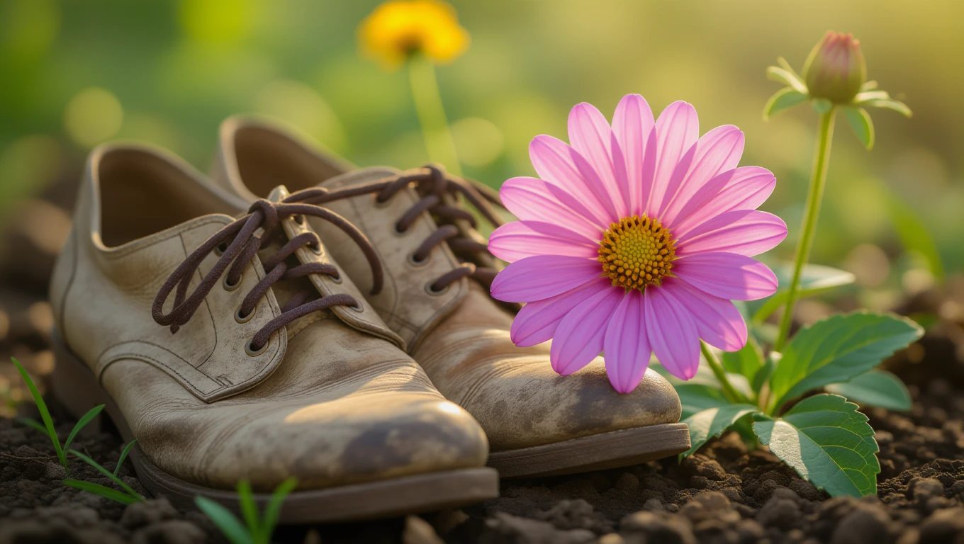 Ein Paar abgenutzte Schuhe neben einer blühenden Blume im Garten.