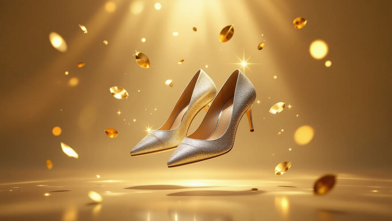 Ein Paar schimmernde goldene High Heels schwebt vor einem glitzernden Hintergrund.