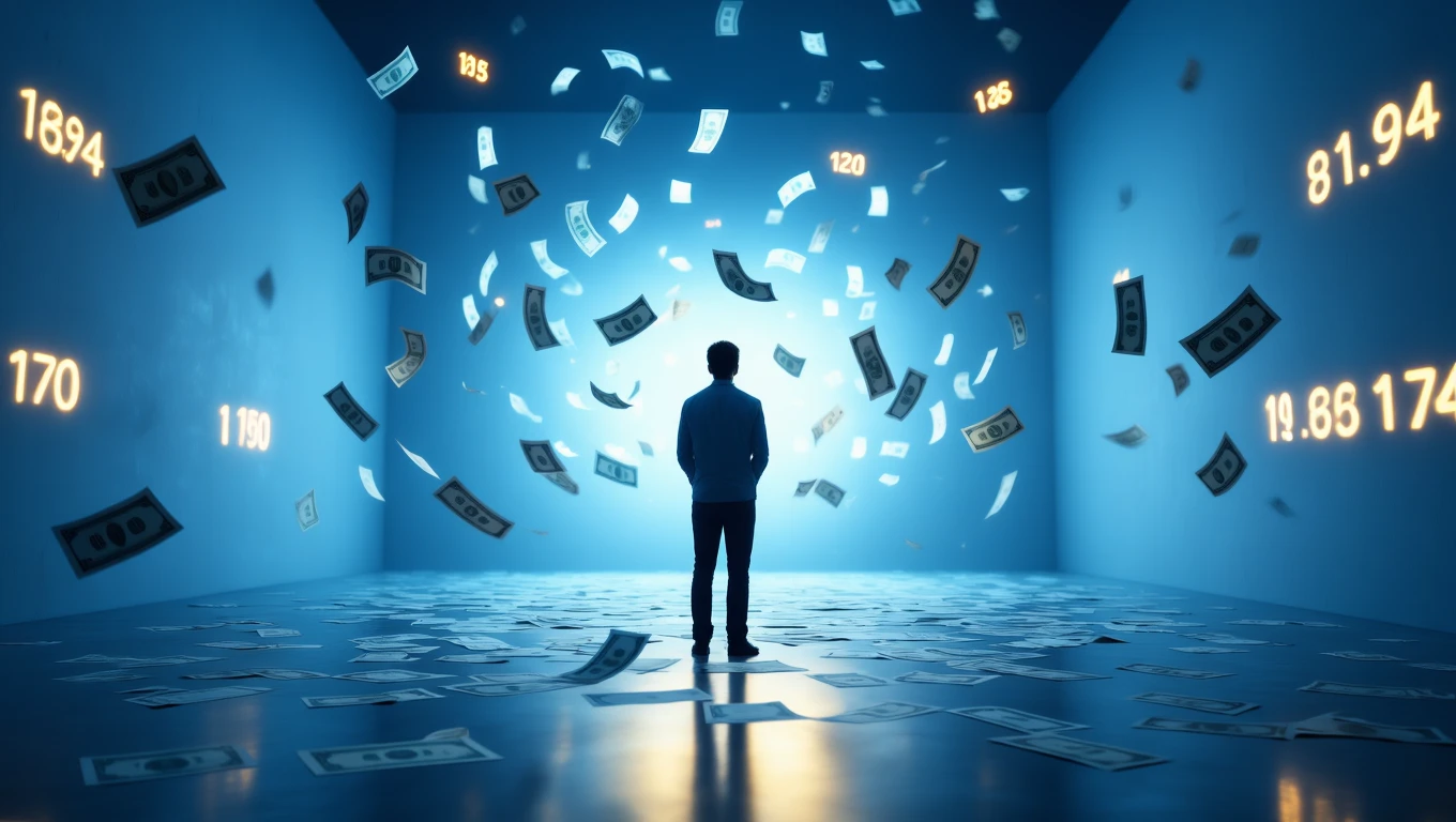 Ein Mann steht in einem Raum, umgeben von schwebenden Geldscheinen und Zahlen, die Schulden symbolisieren.