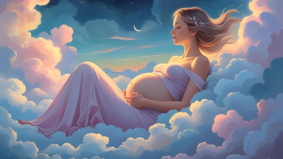 Eine schwangere Frau schwebt friedlich in bunten Wolken unter einem Sternenhimmel.