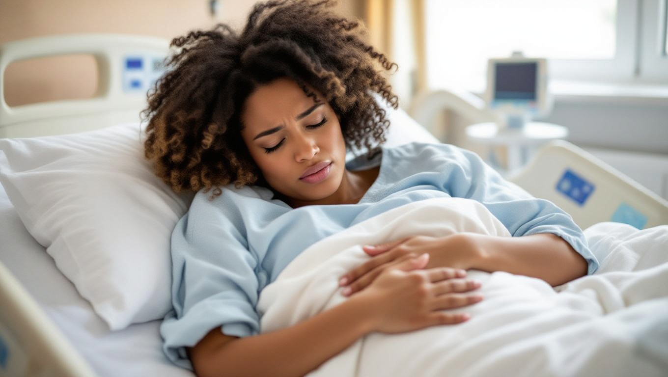 Eine schwangere Frau liegt schmerzverzerrt im Bett und hält ihren Bauch.