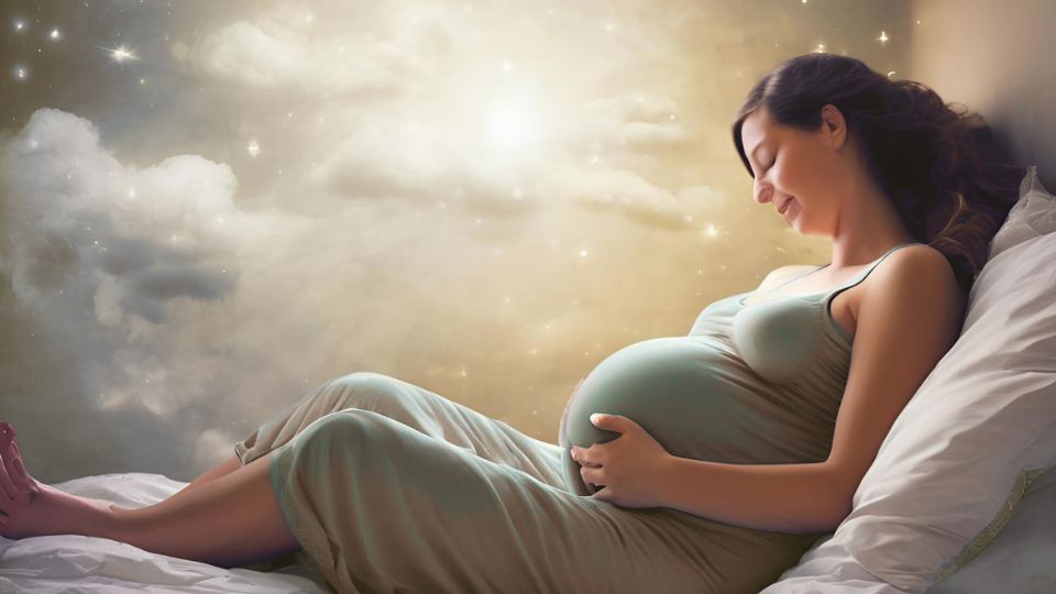 Eine schwangere Frau sitzt auf einem Bett und lächelt, umgeben von einer traumhaften Wolkenlandschaft.