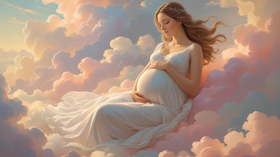 Eine schwangere Frau in einem fließenden weißen Kleid schwebt über Wolken.