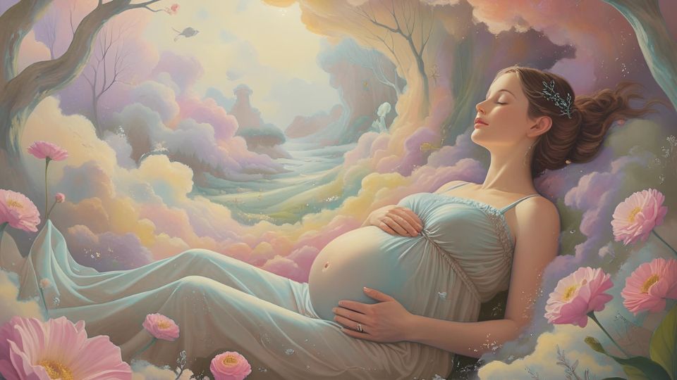 Eine schwangere Frau schläft friedlich in einer traumhaften Landschaft.