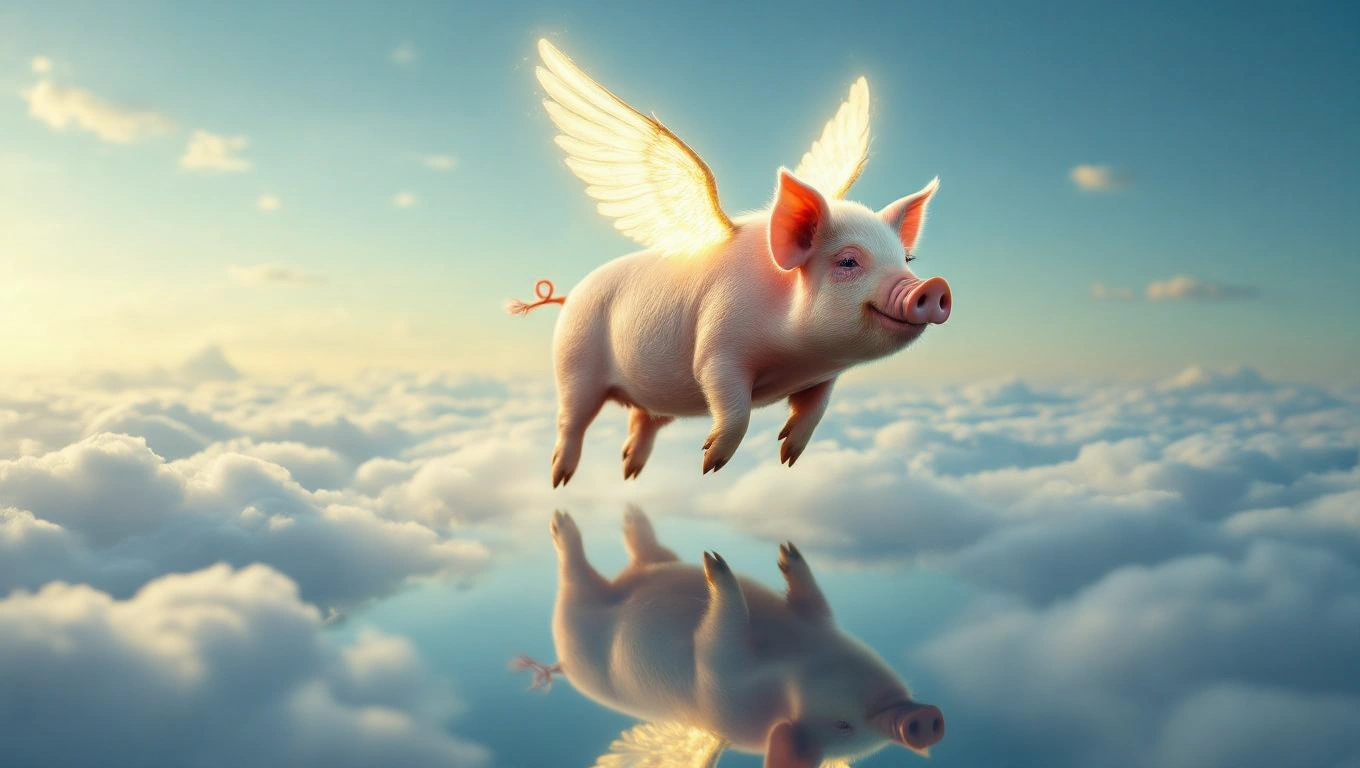 Ein fliegendes Schwein mit Flügeln schwebt über Wolken im Himmel.