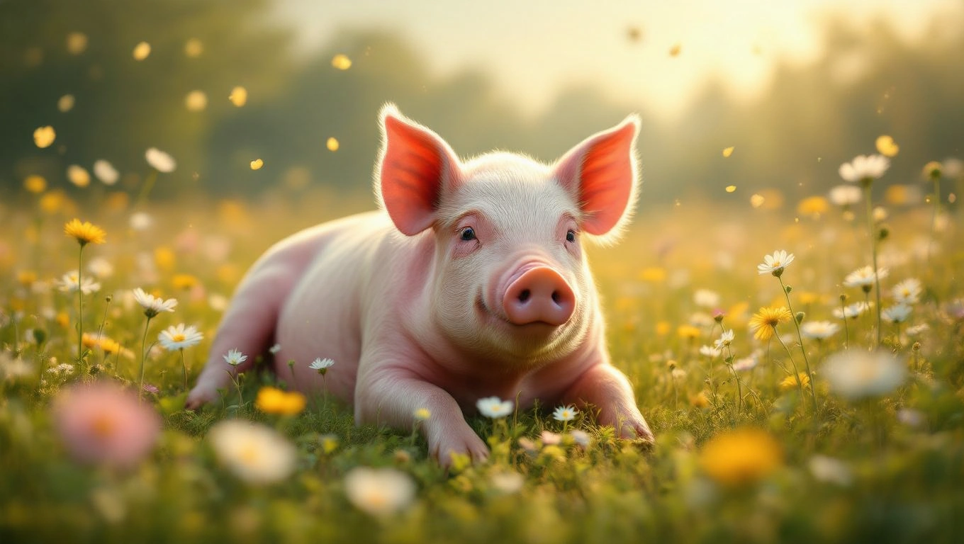 Ein niedliches Schweinchen liegt entspannt in einer blühenden Wiese.