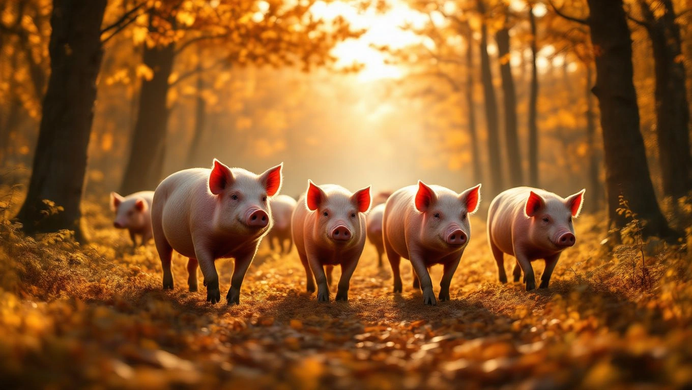 Fünf Schweine gehen durch einen herbstlichen Wald mit goldenem Licht.