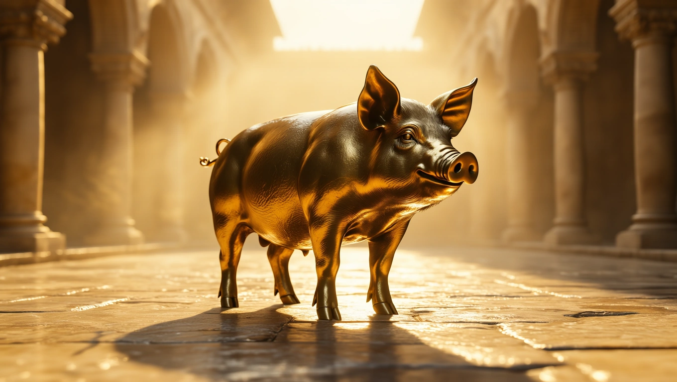 Ein goldenes Schwein steht in einem lichtdurchfluteten Raum.