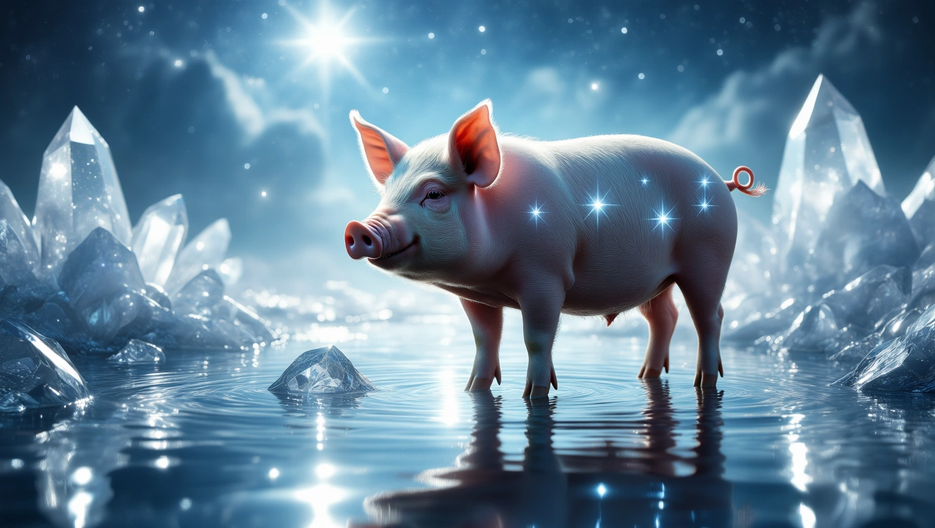 Ein Schwein steht im Wasser, umgeben von glitzernden Kristallen und einem strahlenden Himmel.