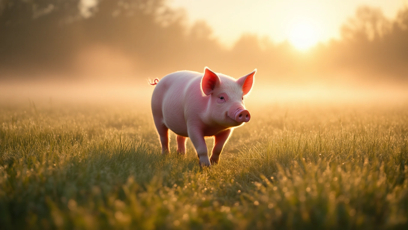 Ein Schwein läuft durch eine neblige Wiese bei Sonnenaufgang.