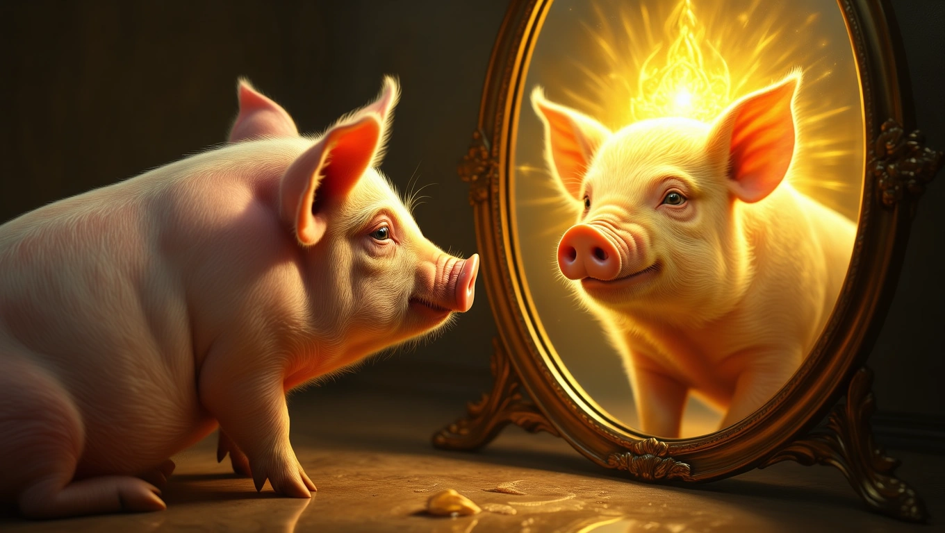 Ein Schwein schaut in einen Spiegel und sieht ein strahlendes Abbild von sich.