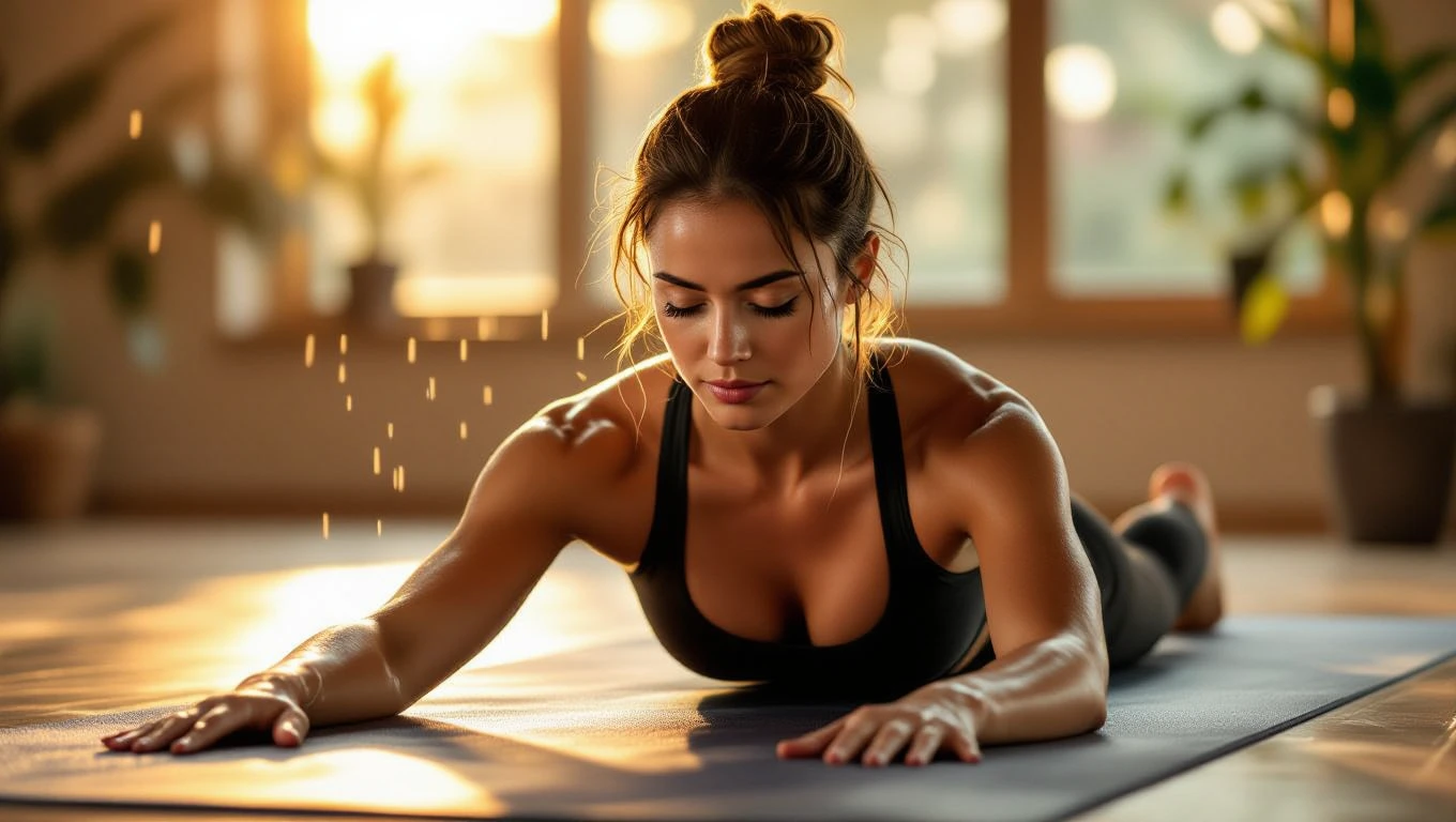 Eine Frau beim Yoga, die Schweißperlen auf der Haut hat, symbolisiert Anstrengung.