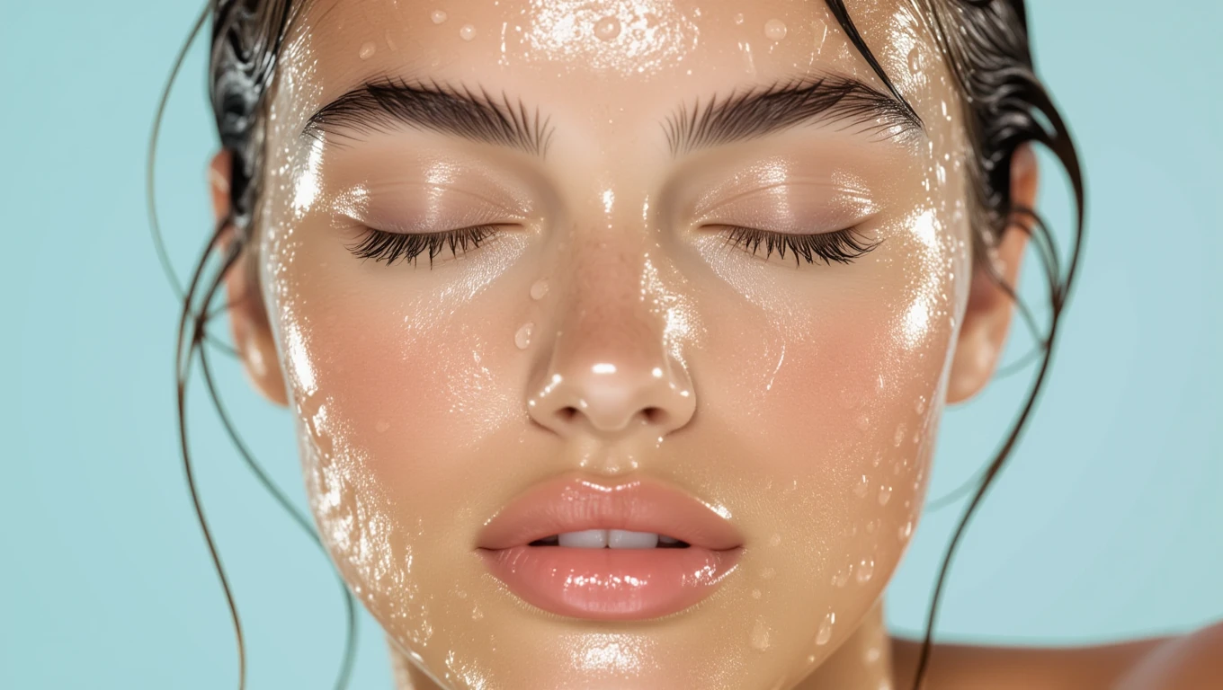 Nahaufnahme eines gesichtes mit glänzender, feuchter Haut und geschlossenen Augen.