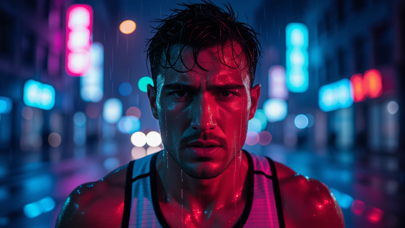Ein sportlicher Mann mit Schweiß auf der Stirn, der in einer neonbeleuchteten Stadt steht.