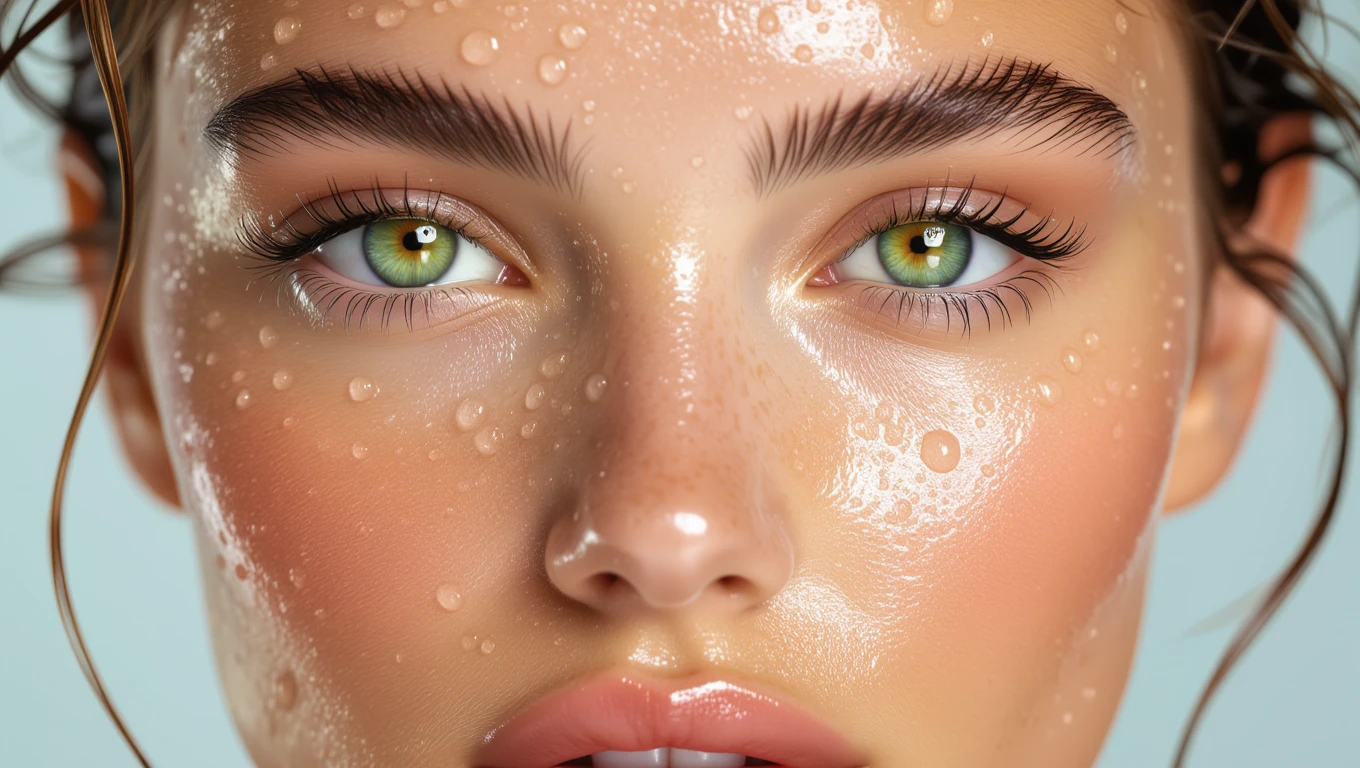 Nahaufnahme eines Gesichts mit Schweißperlen, die emotionale Anstrengung symbolisieren.