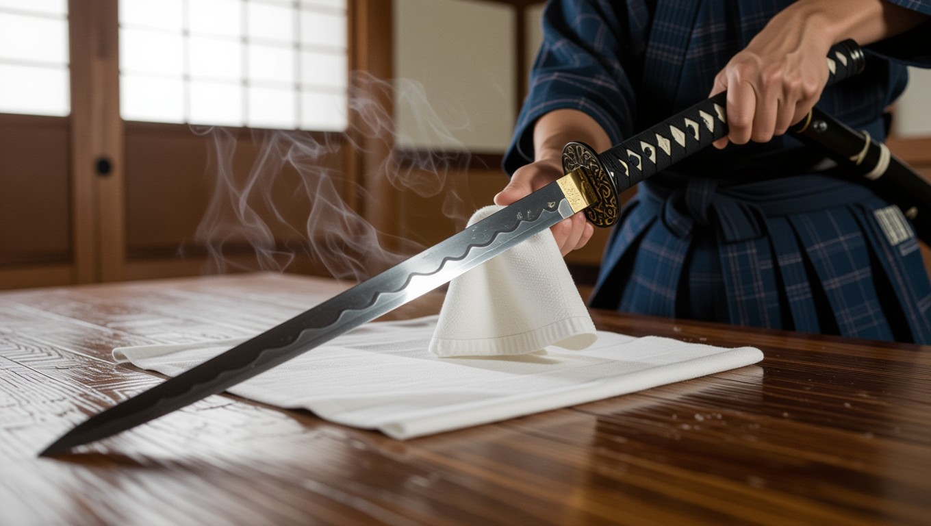 Eine Person reinigt ein Schwert auf einem Tisch, umgeben von Dampf.