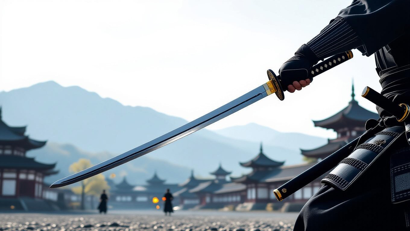 Ein Krieger hält ein Schwert in einer traditionellen Umgebung mit Bergen im Hintergrund.