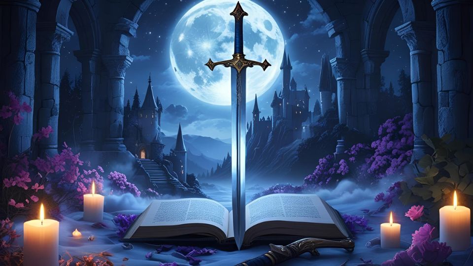 Ein Schwert steht auf einem offenen Buch, umgeben von Kerzen und einer mystischen Landschaft.