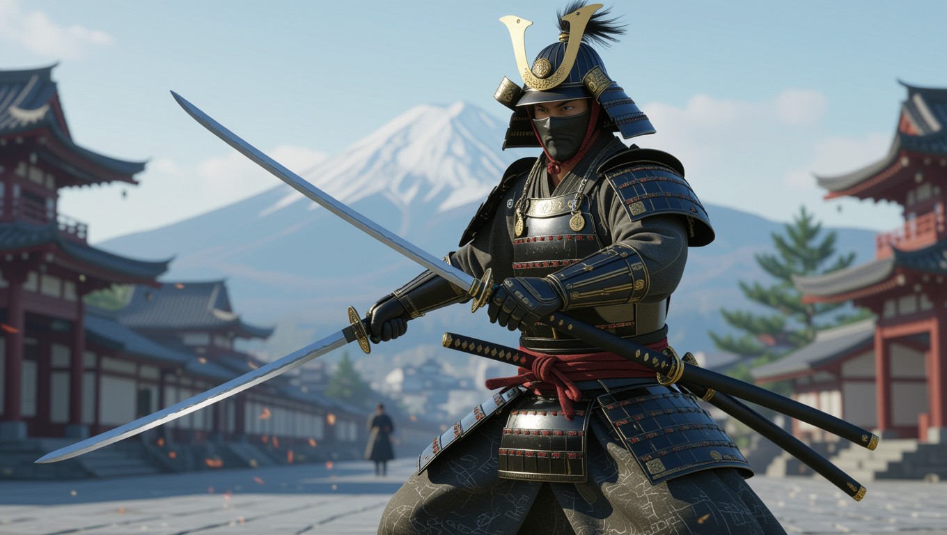 Ein Samurai mit zwei Schwertern in traditioneller Rüstung vor einem Berg.