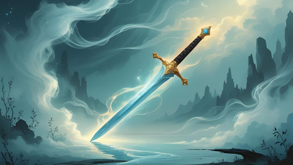 Ein schimmerndes Schwert schwebt über einem ruhigen Fluss in einer mystischen Landschaft.