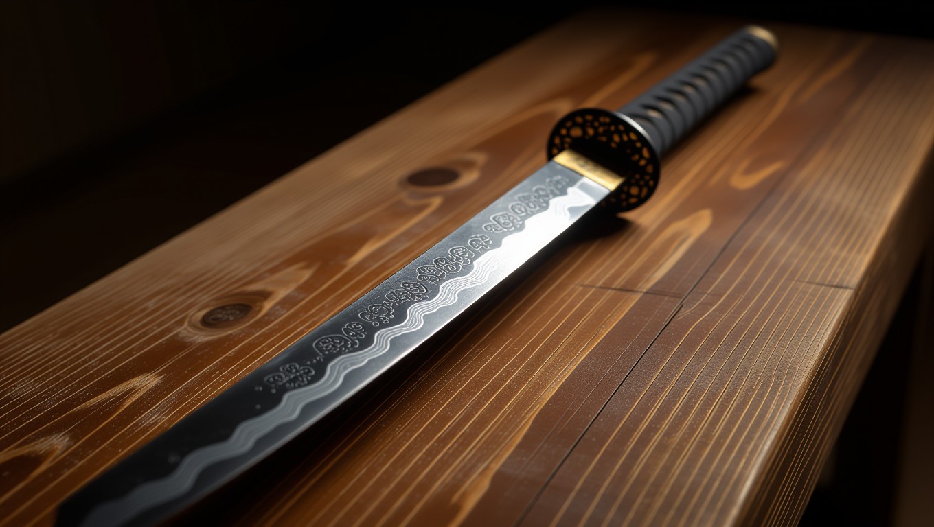 Ein kunstvoll gestaltetes Schwert liegt auf einem Holztablett.