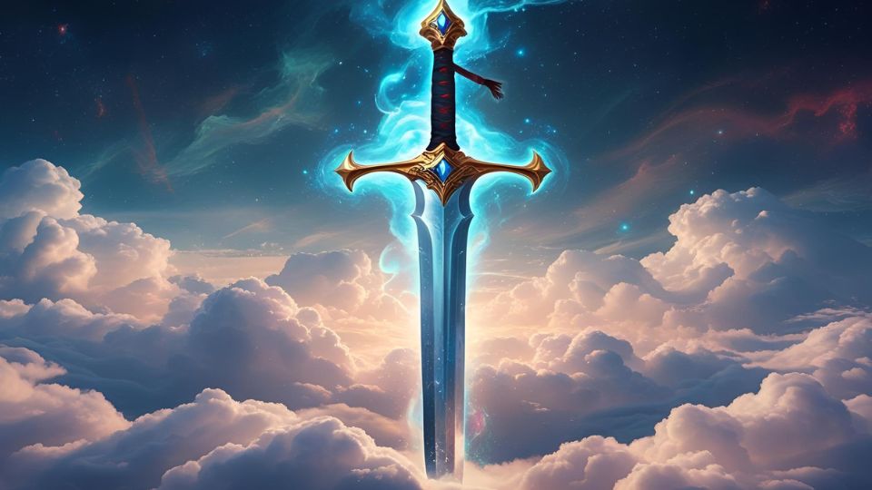 Ein schimmerndes Schwert schwebt über Wolken, symbolisiert Stärke und innere Konflikte.