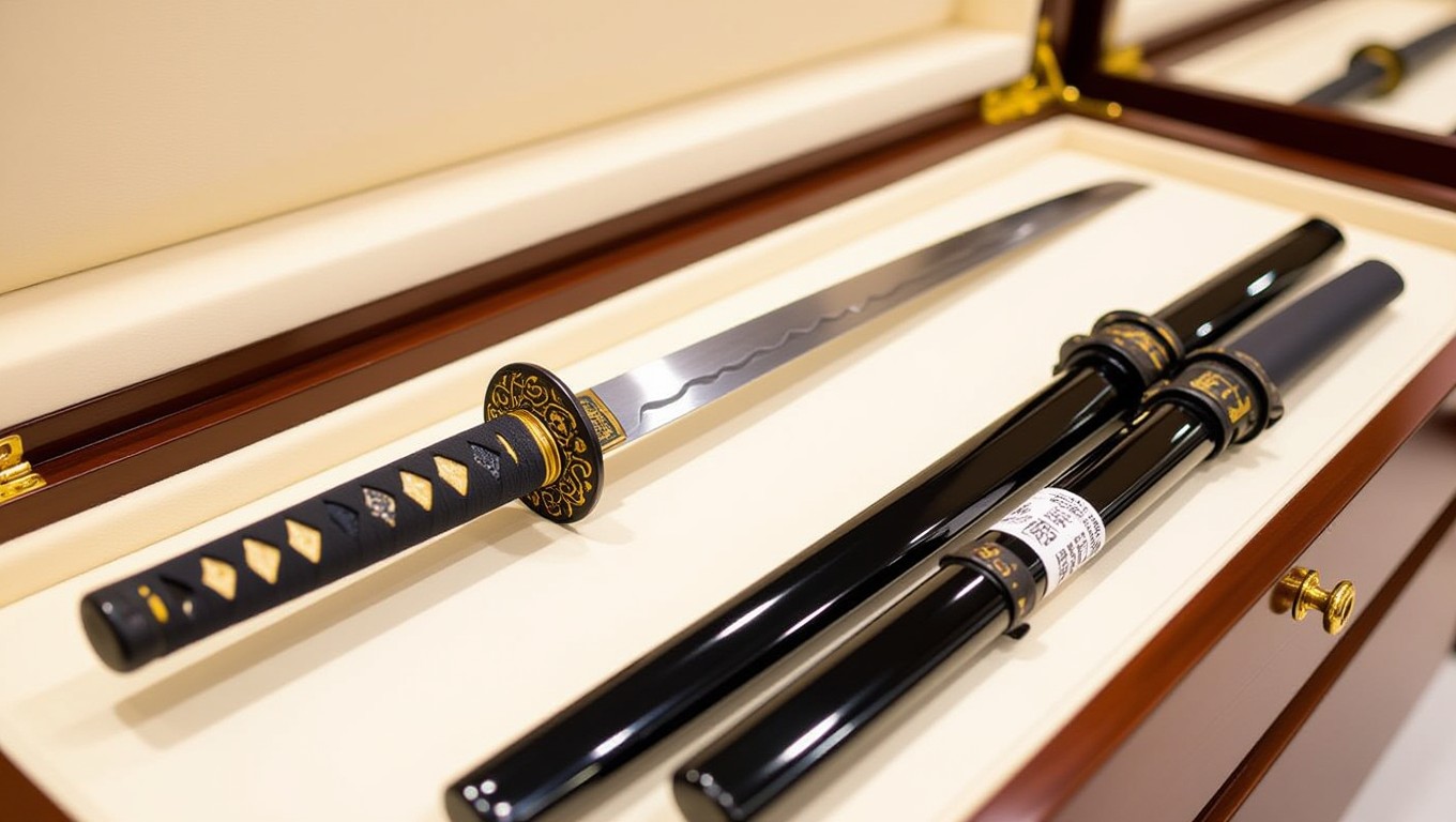 Ein elegantes Schwert in einer Vitrine, Symbol für Stärke und Entschlossenheit.