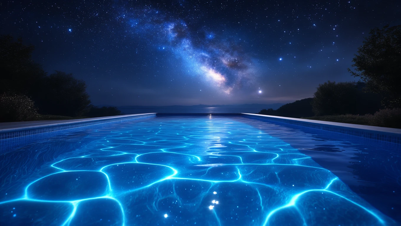 Ein klarer Pool unter einem sternenklaren Nachthimmel, der Ruhe symbolisiert.