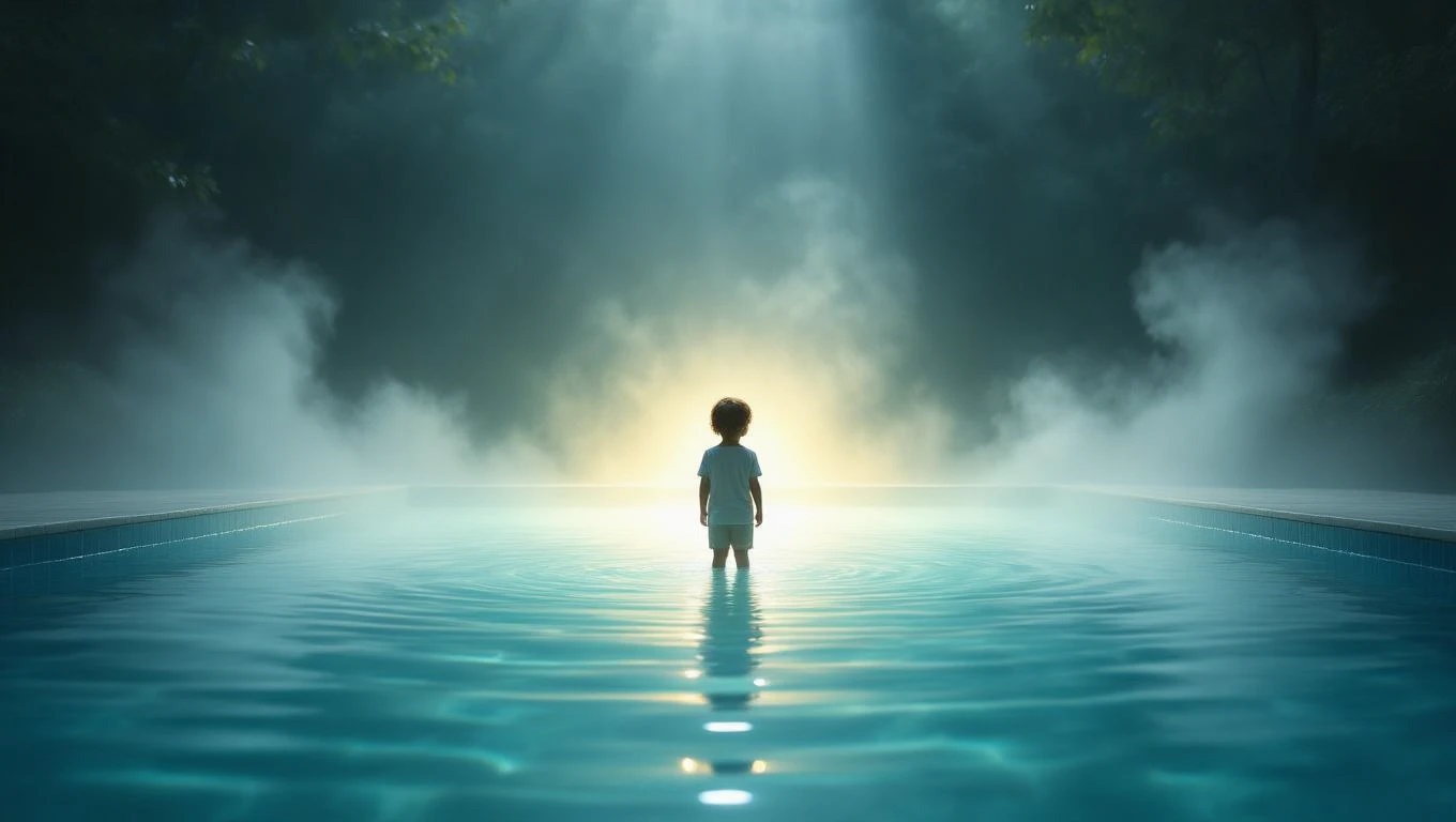 Ein Kind steht im klaren Wasser eines Schwimmbads, umgeben von Nebel.