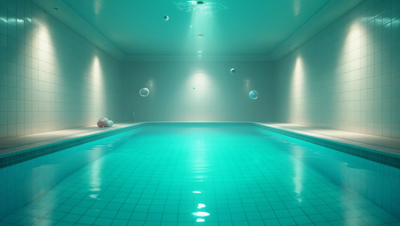 Ein ruhiges Schwimmbad mit klarem Wasser und sanfter Beleuchtung.