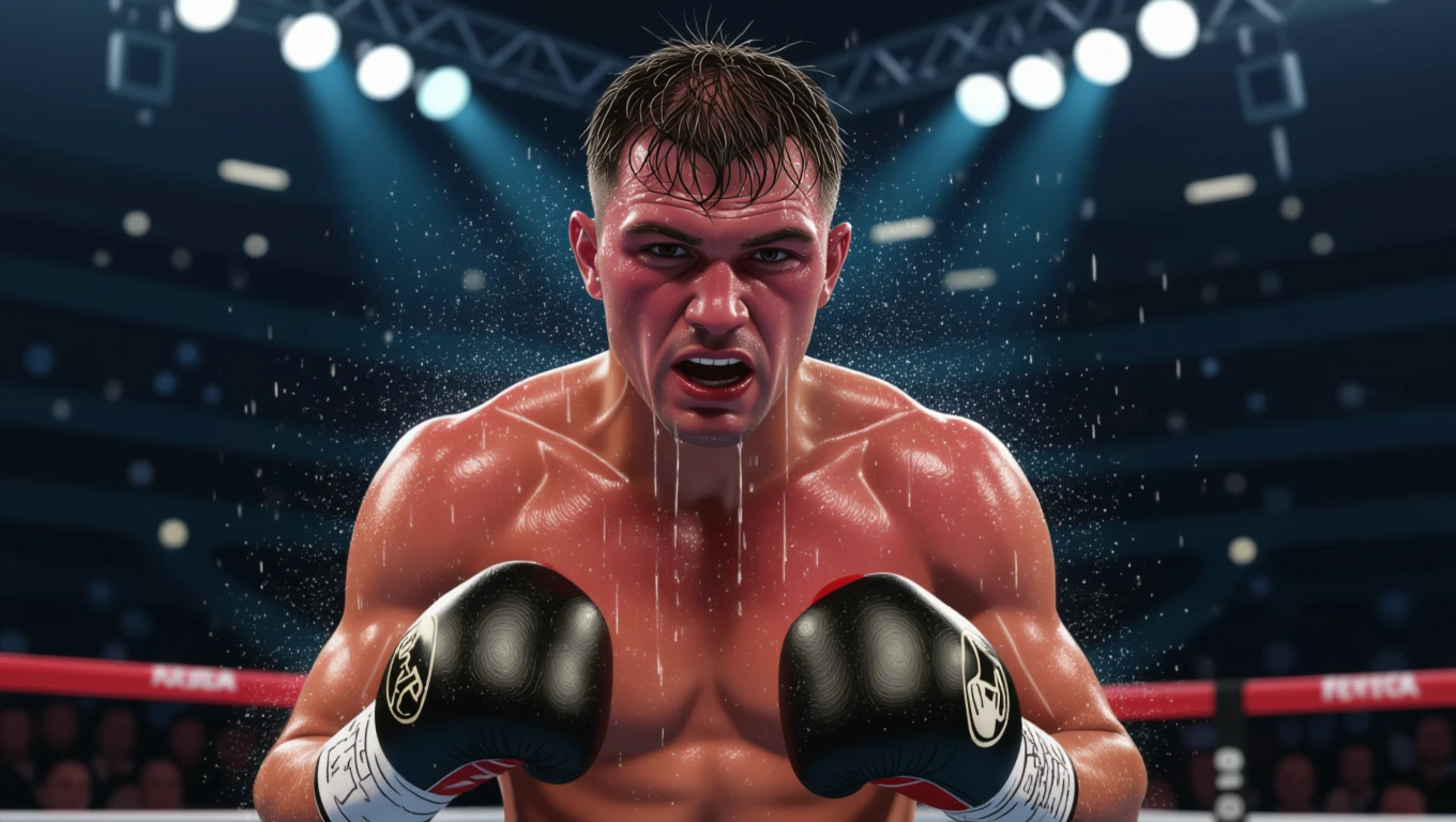 Ein schweißgebadeter Boxer in einem Ring, der intensiv kämpft.