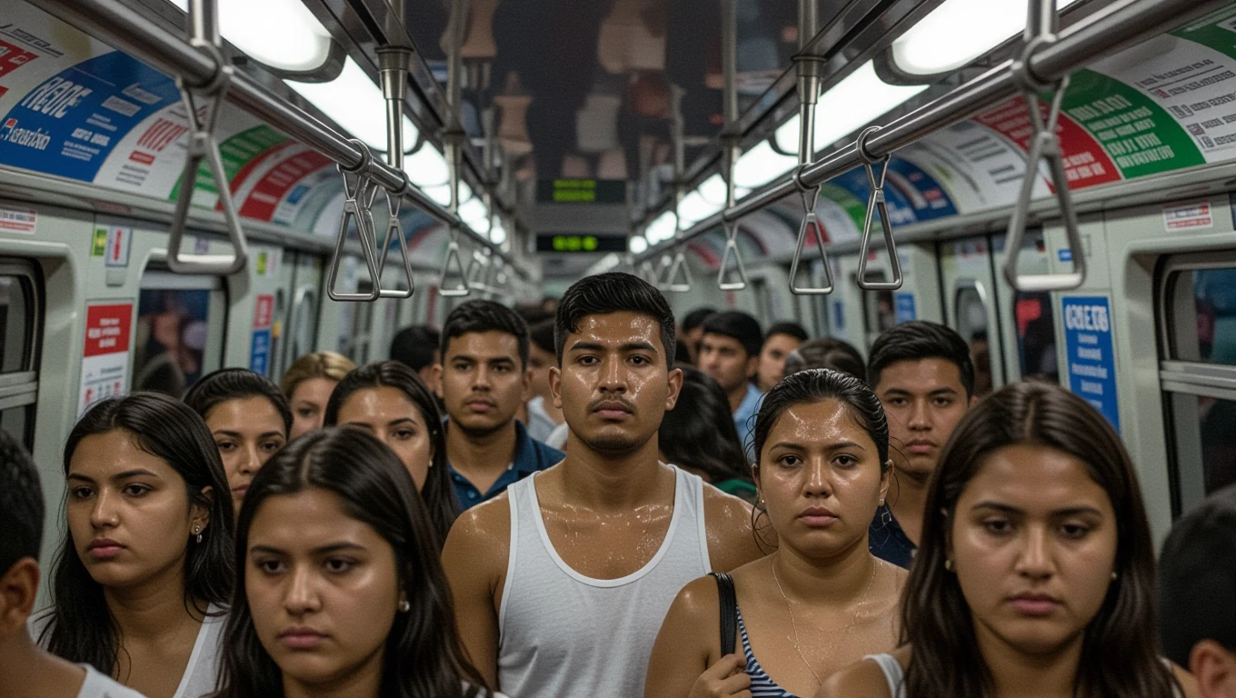 Eine Gruppe von Menschen in einem U-Bahn-Wagen, sichtbar schwitzend.