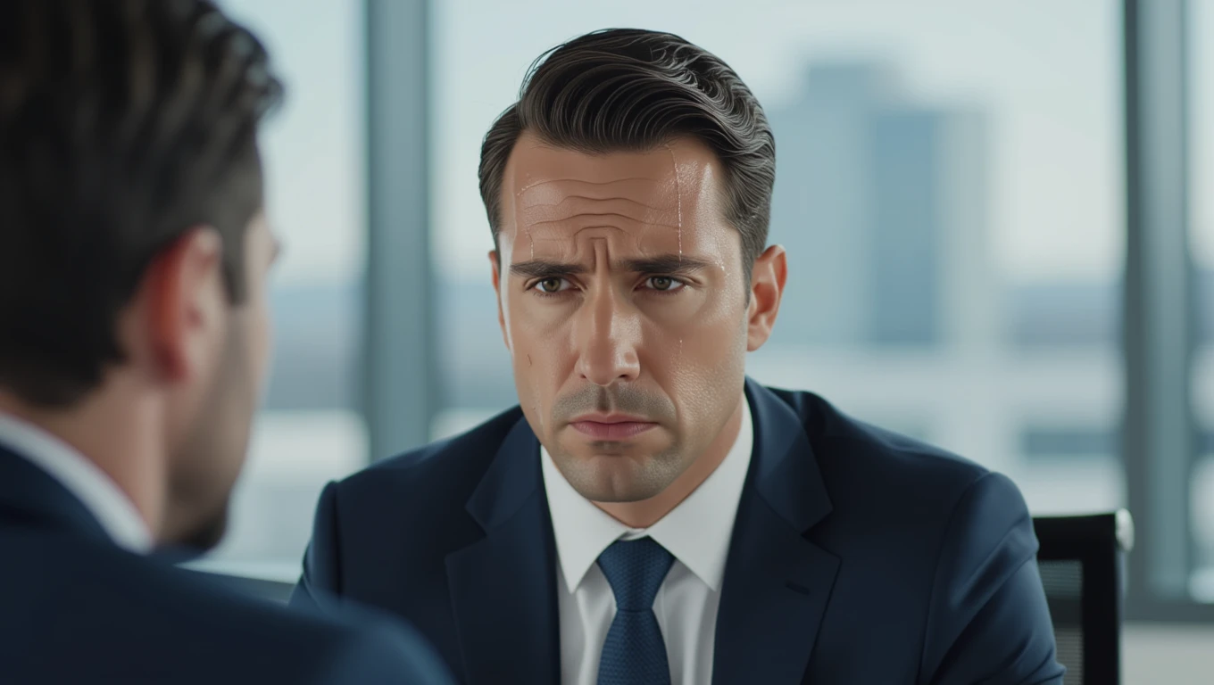 Ein Mann in einem Anzug zeigt Anzeichen von Stress und Schwitzen während eines Gesprächs.