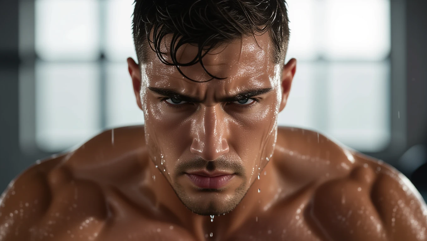 Ein muskulöser Mann mit Schweiß auf dem Gesicht, der intensiv schaut.