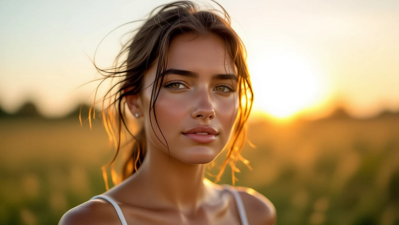 Eine junge Frau mit feuchtem Haar und einem nachdenklichen Ausdruck im Sonnenuntergang.