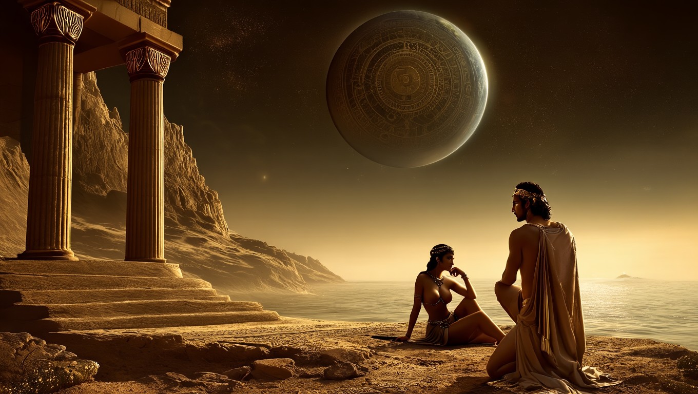 Ein Paar in antiker Umgebung, das intime Momente am Wasser teilt.