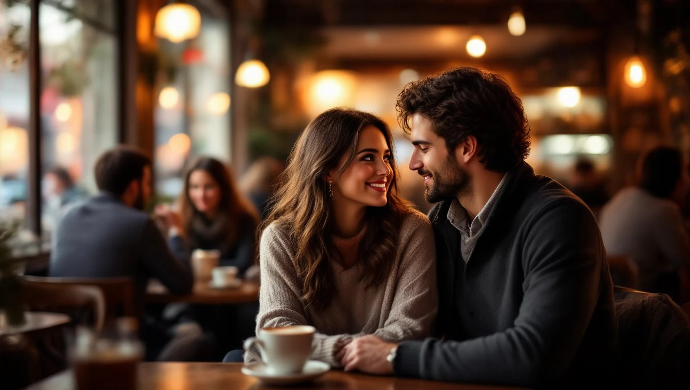 Ein Paar sitzt in einem Café und lächelt sich an, umgeben von einer warmen Atmosphäre.