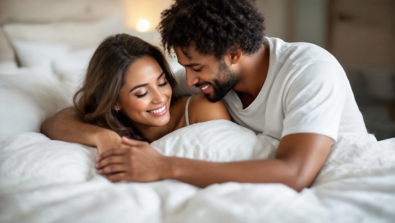 Ein Paar liegt lächelnd im Bett und genießt intime Momente miteinander.