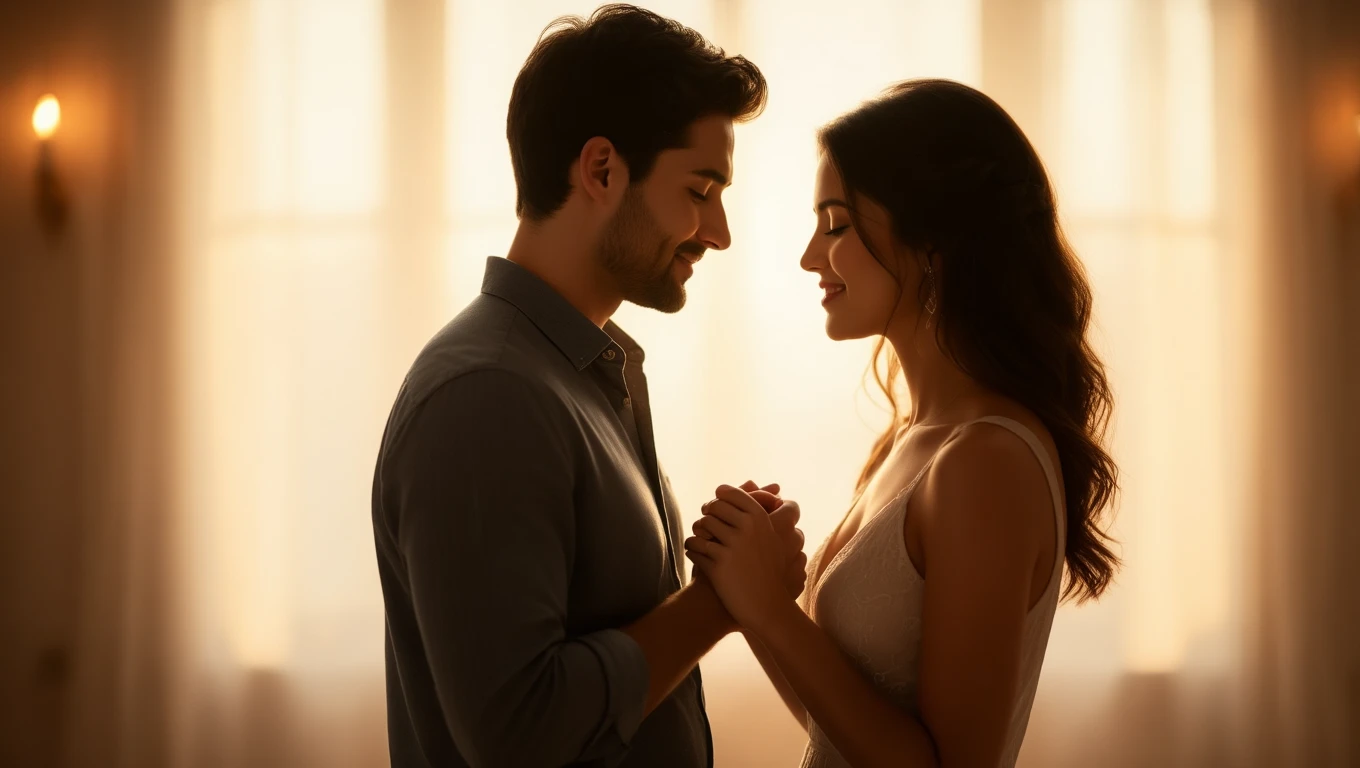 Ein Paar steht sich gegenüber und hält sich an den Händen, umgeben von sanftem Licht.