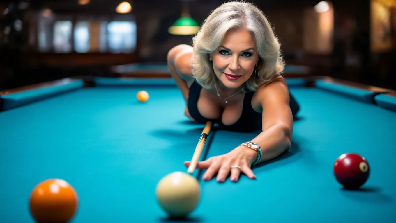 Eine attraktive Frau um die 50 spielt Billard und zeigt Selbstbewusstsein.