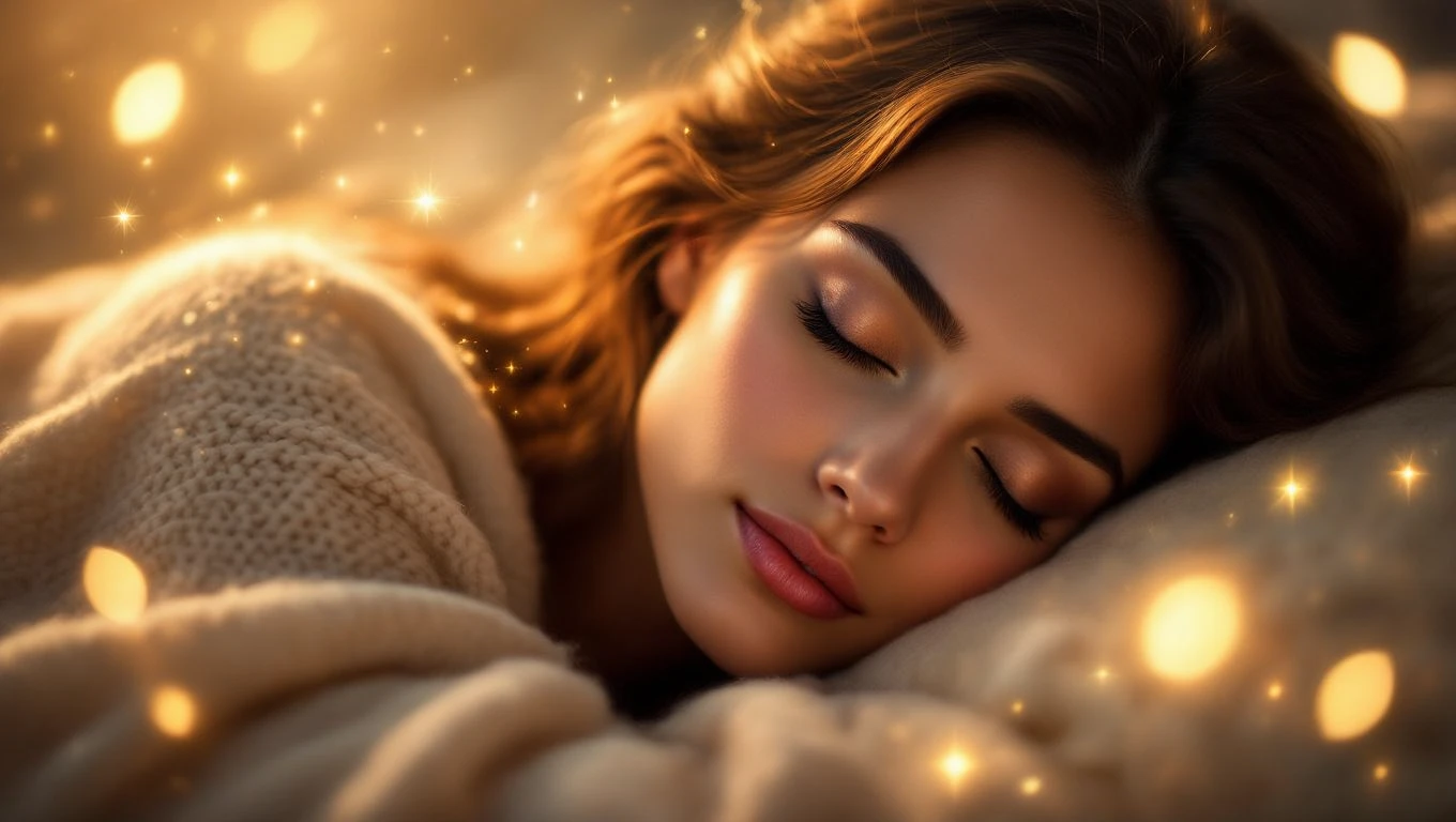 Eine schlafende Frau mit sanften Gesichtszügen und einem warmen Lichtschein.