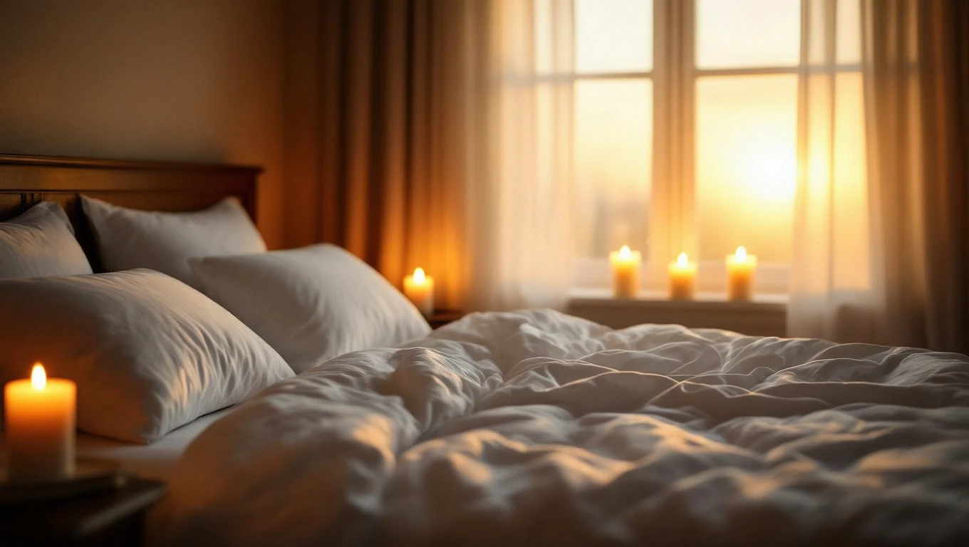 Ein romantisches Schlafzimmer mit weichen Kissen und Kerzenlicht.