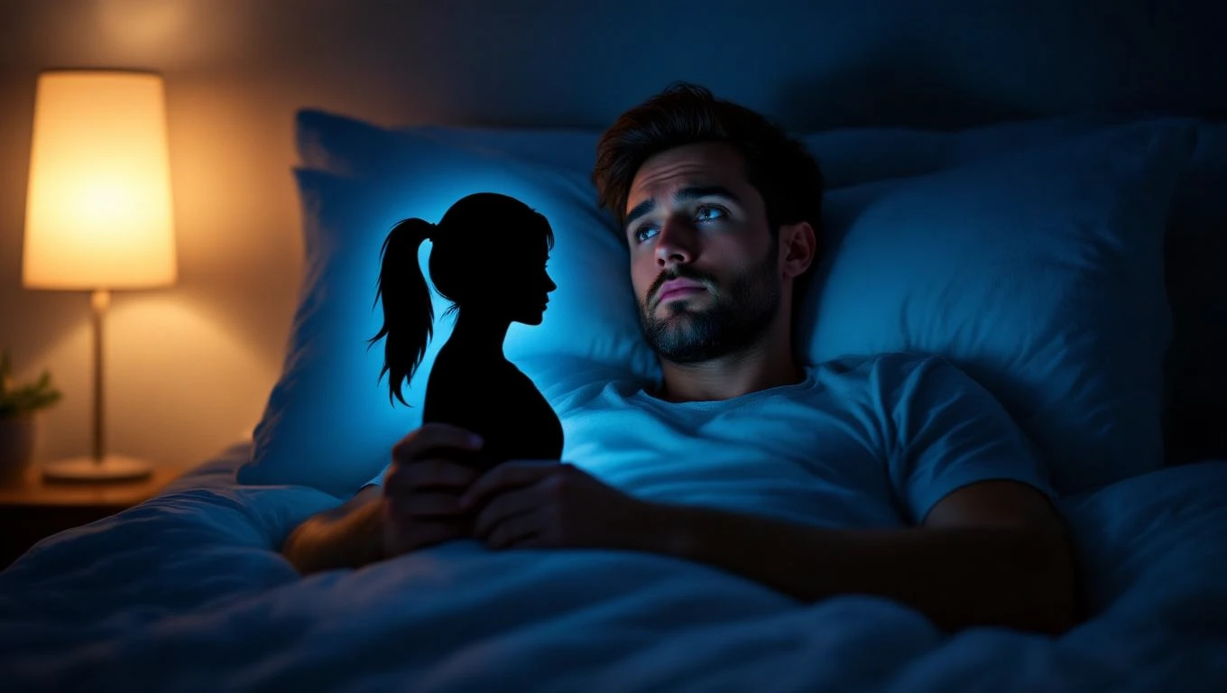 Ein nachdenklicher Mann im Bett hält eine Silhouette einer Frau in der Hand.