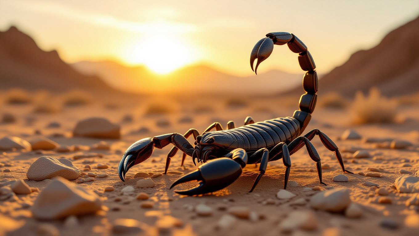 Ein Skorpion steht auf sandigem Boden zwischen Steinen bei Sonnenuntergang.