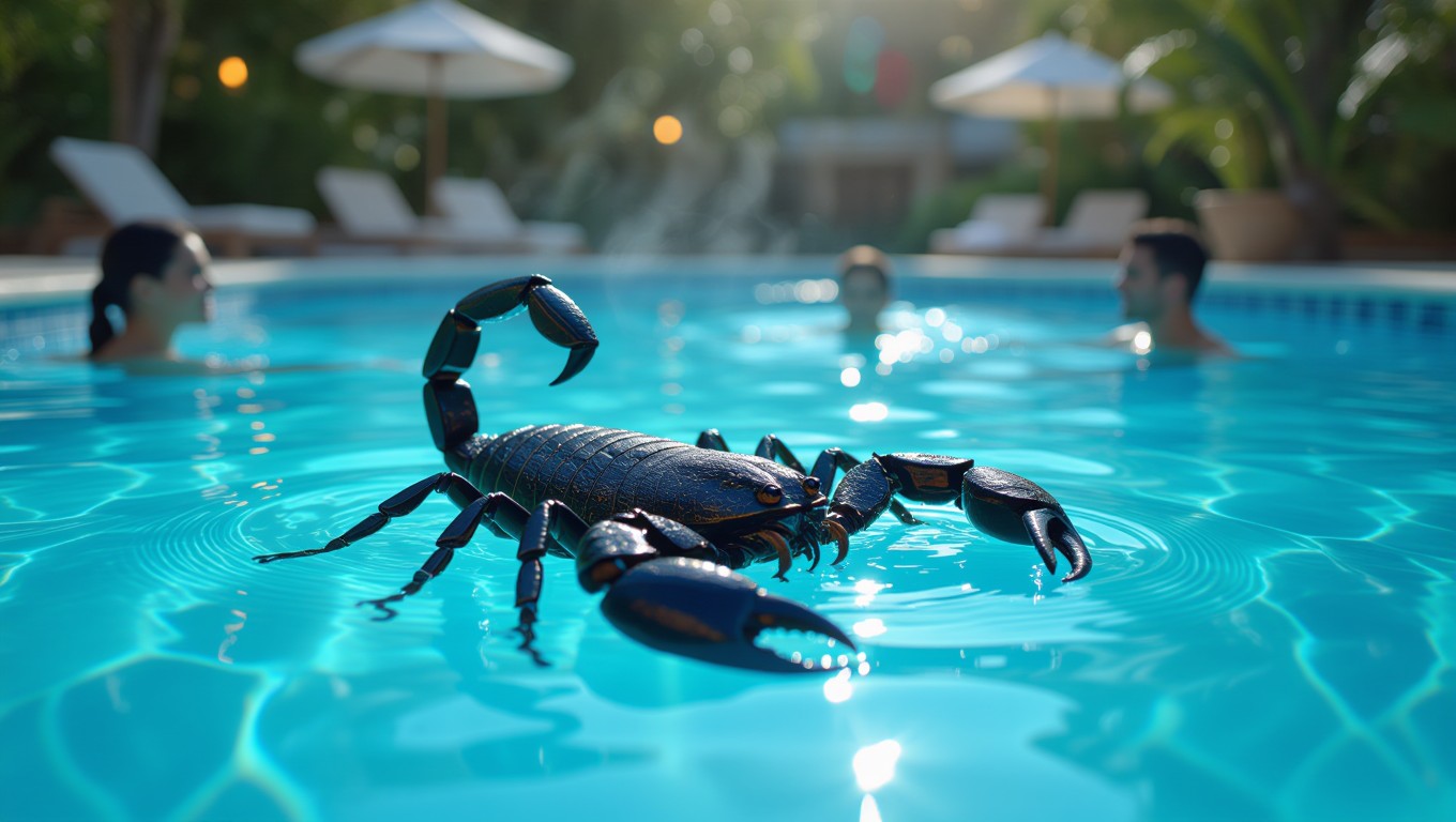 Ein Skorpion schwimmt im klaren Wasser eines Pools, umgeben von Sonnenlicht.
