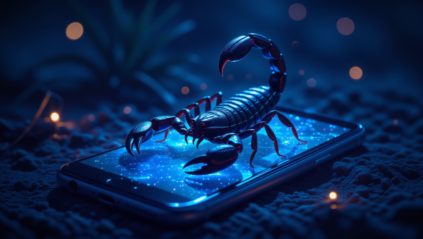 Ein Skorpion sitzt auf einem Smartphone, umgeben von funkelnden Lichtern.