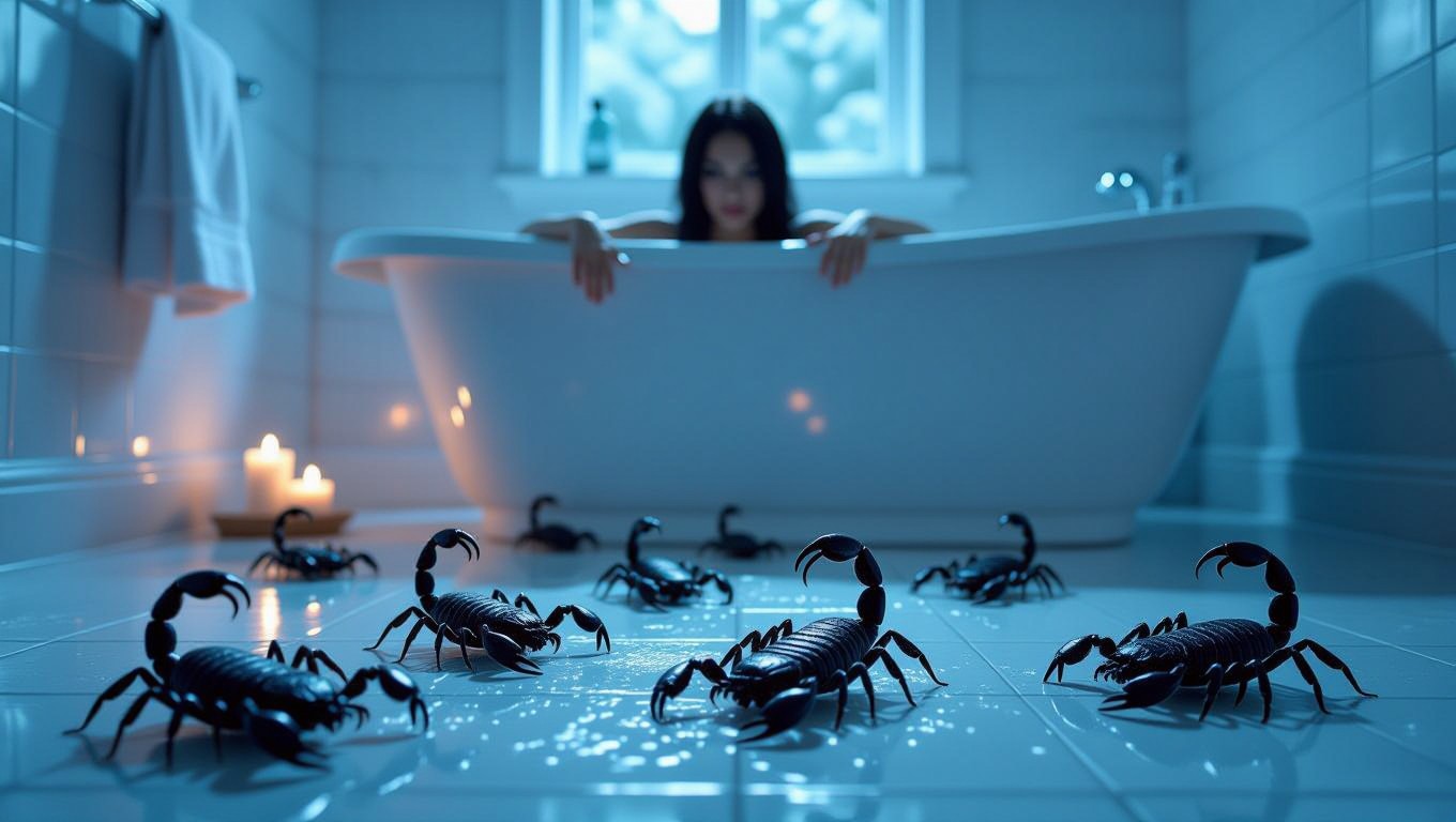 Eine Frau sitzt in einer Badewanne, während Skorpione auf dem Boden krabbeln.