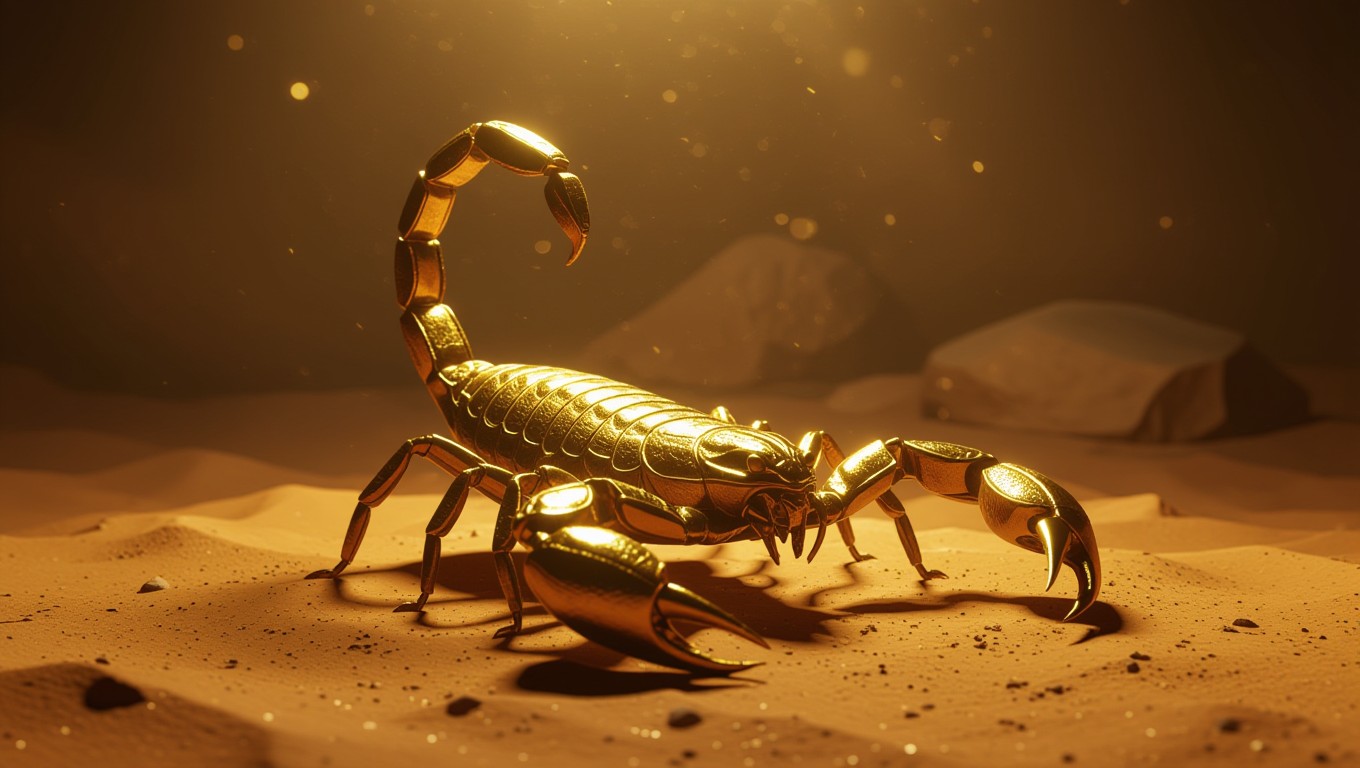 Ein goldener Skorpion steht majestätisch auf sandigem Boden, umgeben von sanftem Licht.